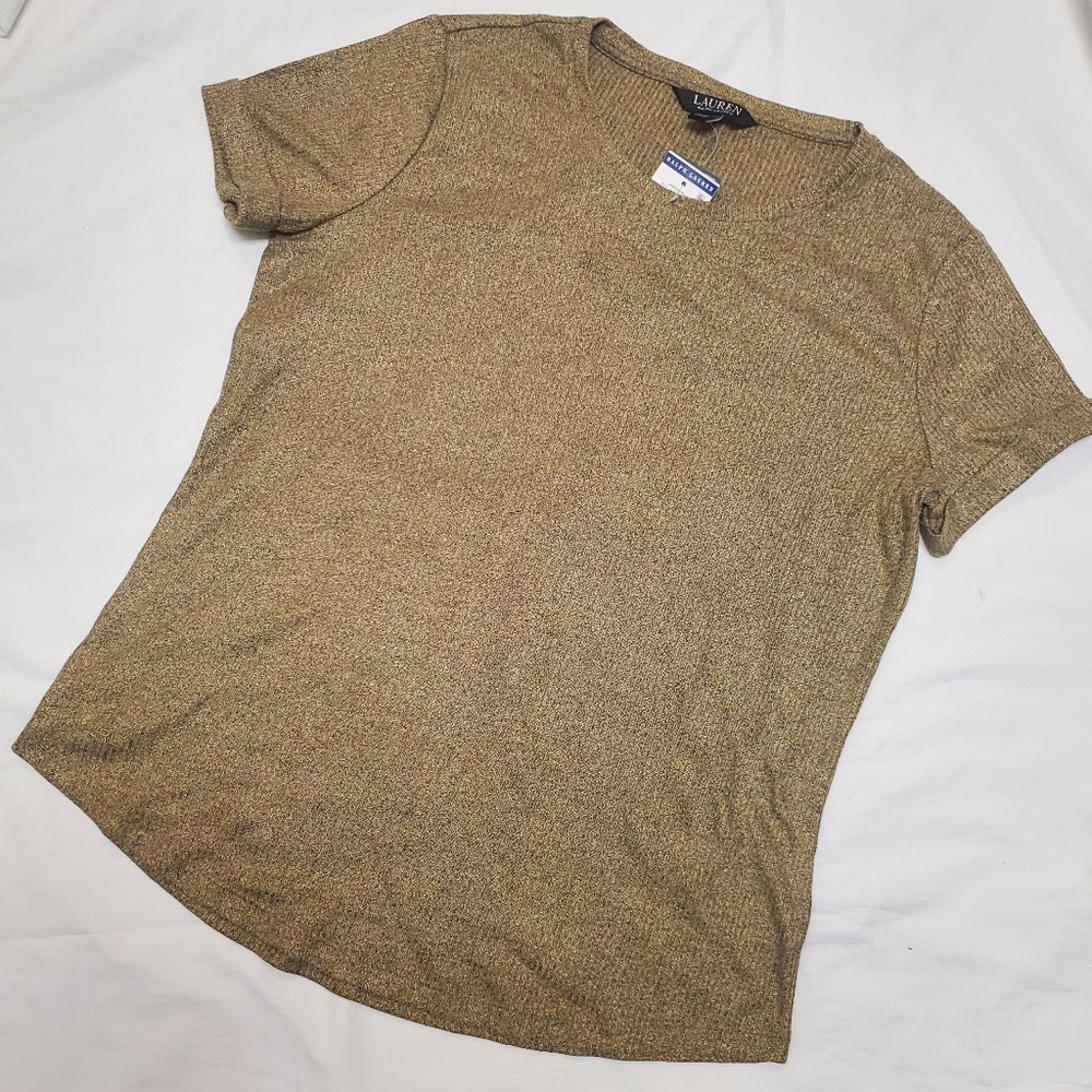 NWOT Ralph Lauren Women's Shimmery Gold Short Sleeve Crew Neck Top Size Medium